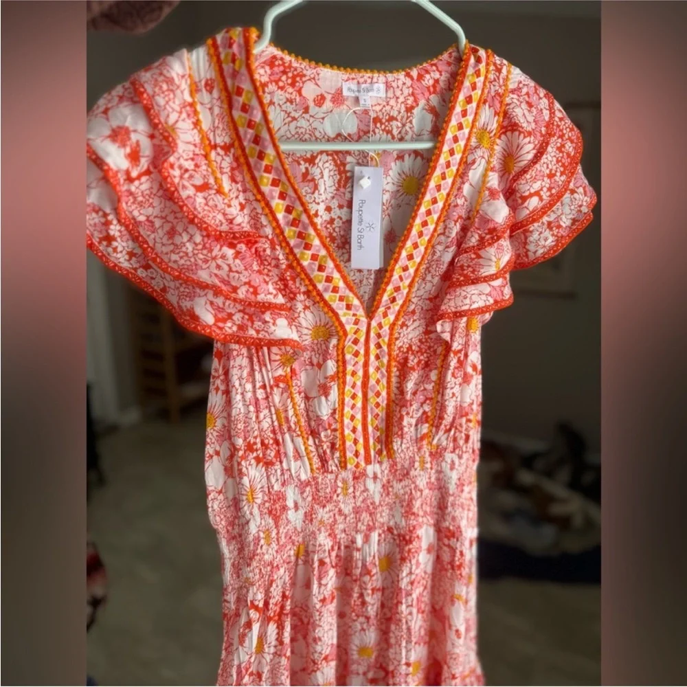 NWT Poupette St Barth Floral Boho Resort Mini Dress Pink Orange Camila - Picture 6 of 8
